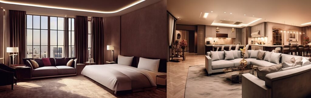 Luxurious bedroom and modern living area with city views