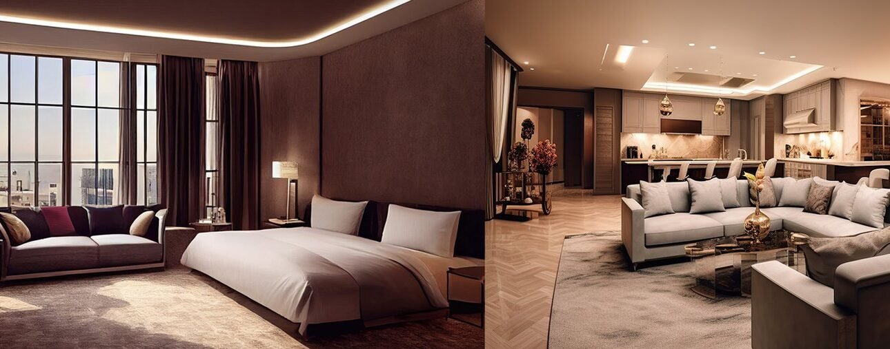 Luxurious bedroom and modern living area with city views