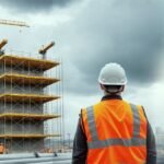 Urban construction site with cranes, scaffolding, and workers